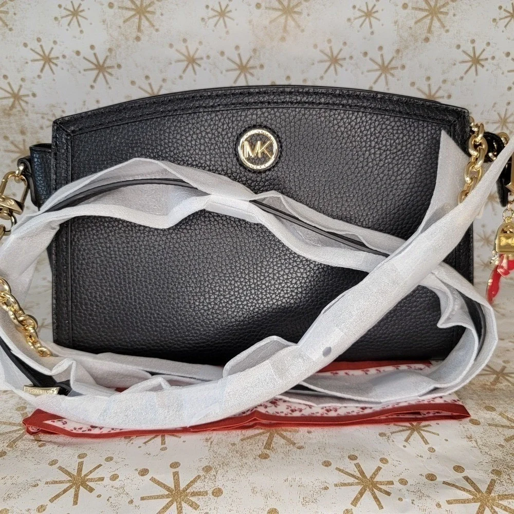Michael Kors Crossbody Black Leather Bag Scarf and Charm‎